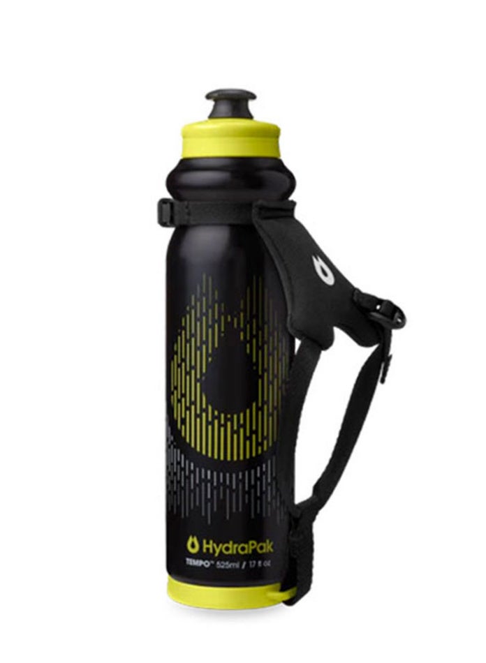 Hydrapak Tempo Pro Water Bottle 525ml – Black, Handheld Ergonomic Squeeze Bottle with PRO Adjustable Sandal-Cut Wrist Strap, Breathable Padded Grip for Comfort, High-Flow Leakproof Nozzle Cap, Fuel Gauge Window for Easy Tracking, Grip Groove Slim Design for Easy Squeeze, Dishwasher Safe & Easy-Clean Components, Versatile Fit for Hand or Vest Use, Lightweight Performance Bottle for Biking, Hiking & Hunting/Fishing